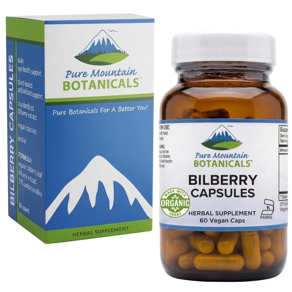 Pure Mountain Botanicals Bilberry Extract Supplement - 60 Vegan Kosher Capsules - 250mg Organic Bilberry Leaf and 50mg Extract with 25% Anthocyanidins - Eye Health Support — Amazon image 9