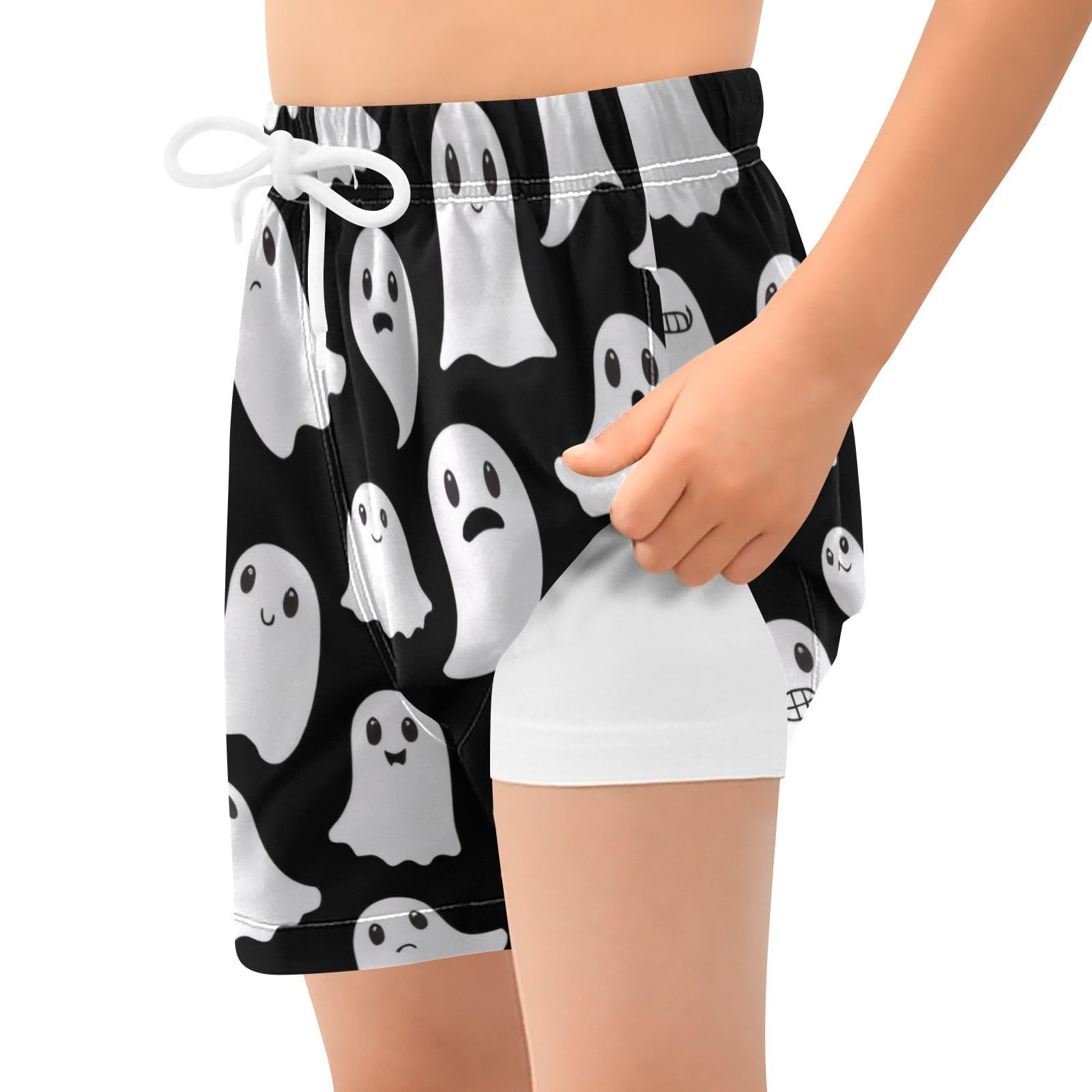FLildon Funny Ghosts Halloween Boys Swim Trunks with Compression Liner Quick Dry Bathing Bottom Kids Beach Shorts