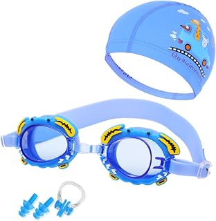 jojofuny Swimming Caps Box Sets Suit Silicone Swim Cap Swimming Glasses for Child Swimming Goggles for Children Silicone Swimming Glasses Swimming Cap Baby Earplugs Blue Cartoon