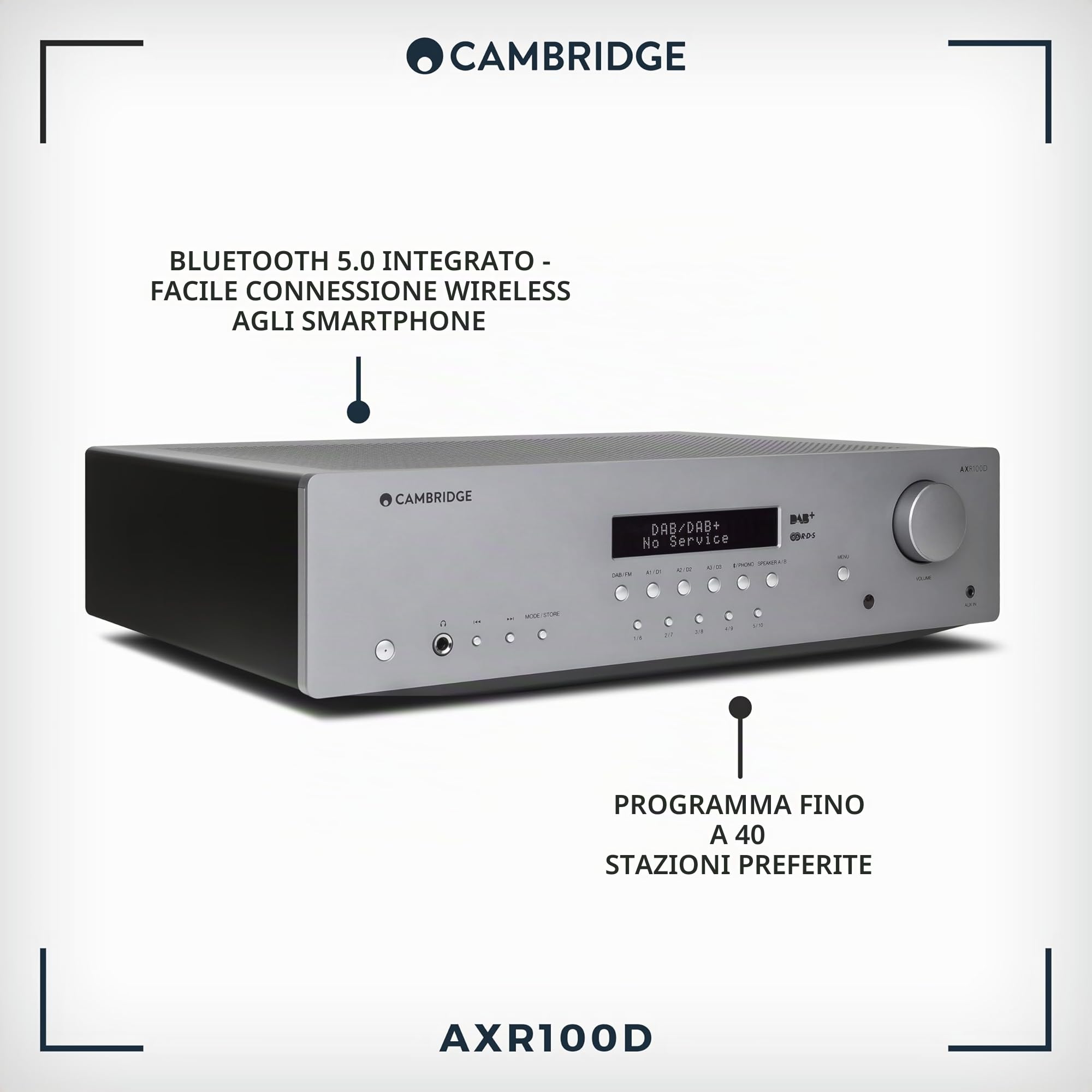 Cambridge Audio AXR100D - Ricevitore Hi-FI stereo separato da 100 Watt con stadio Phono integrato, Radio Dab/FM e Bluetooth 5.0 - Grigio Lunare
