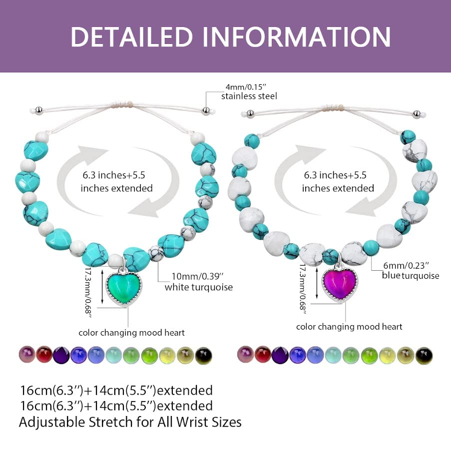 Image of Uloveido Color Changing Heart Mood Charm Bracelet for Mother Gift, Handmade Natural Turquoise Bracelet for Mom Grandmother Birthday Mother Day Gift Y3706