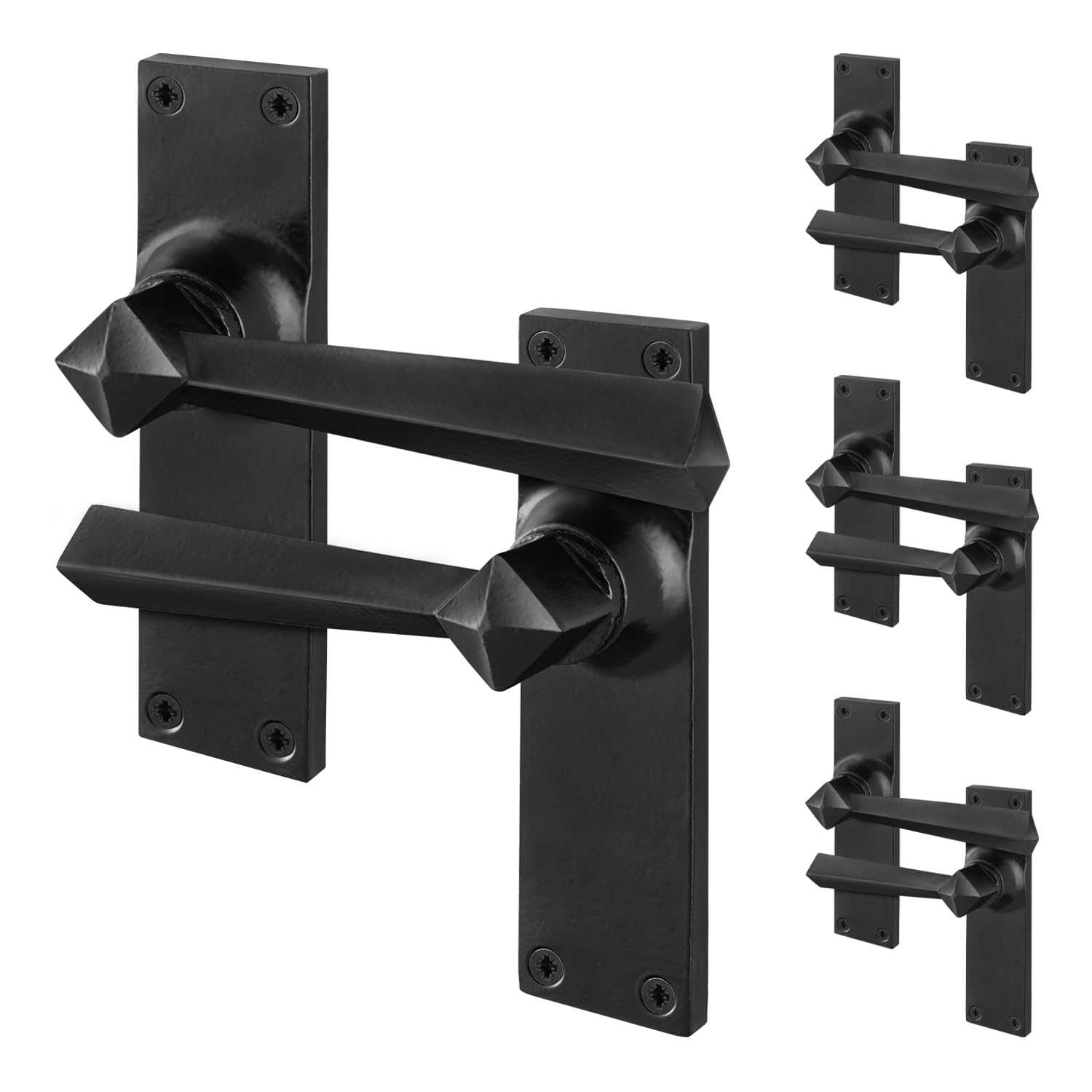Eai Black Antique Door Handles Latch, 4 Pairs Of Rustic Cast Iron Backplate Internal And External Door Handles, Tudor Range
