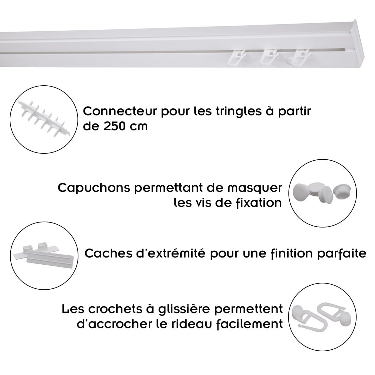 Mon Mobilier Design SIMI Rail de Plafond Tringle en PVC pour Rideaux à Crochets Blanc Monorail Droit 300 cm