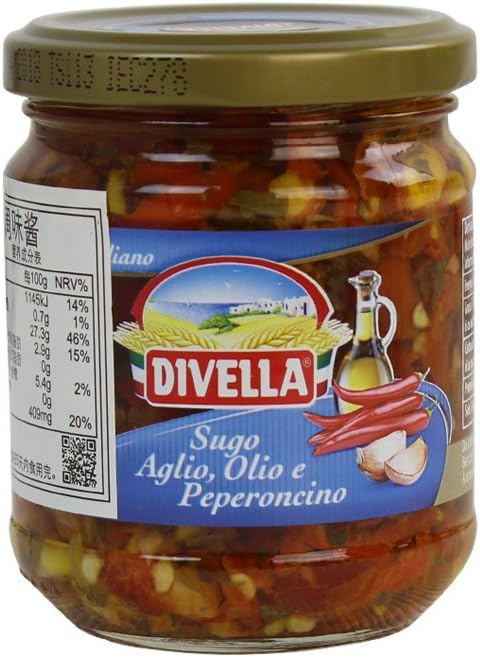 Divella Garlic and Oil With Peporoncino 6.7 Ounces ea. 2 Jars. Product of Italy.