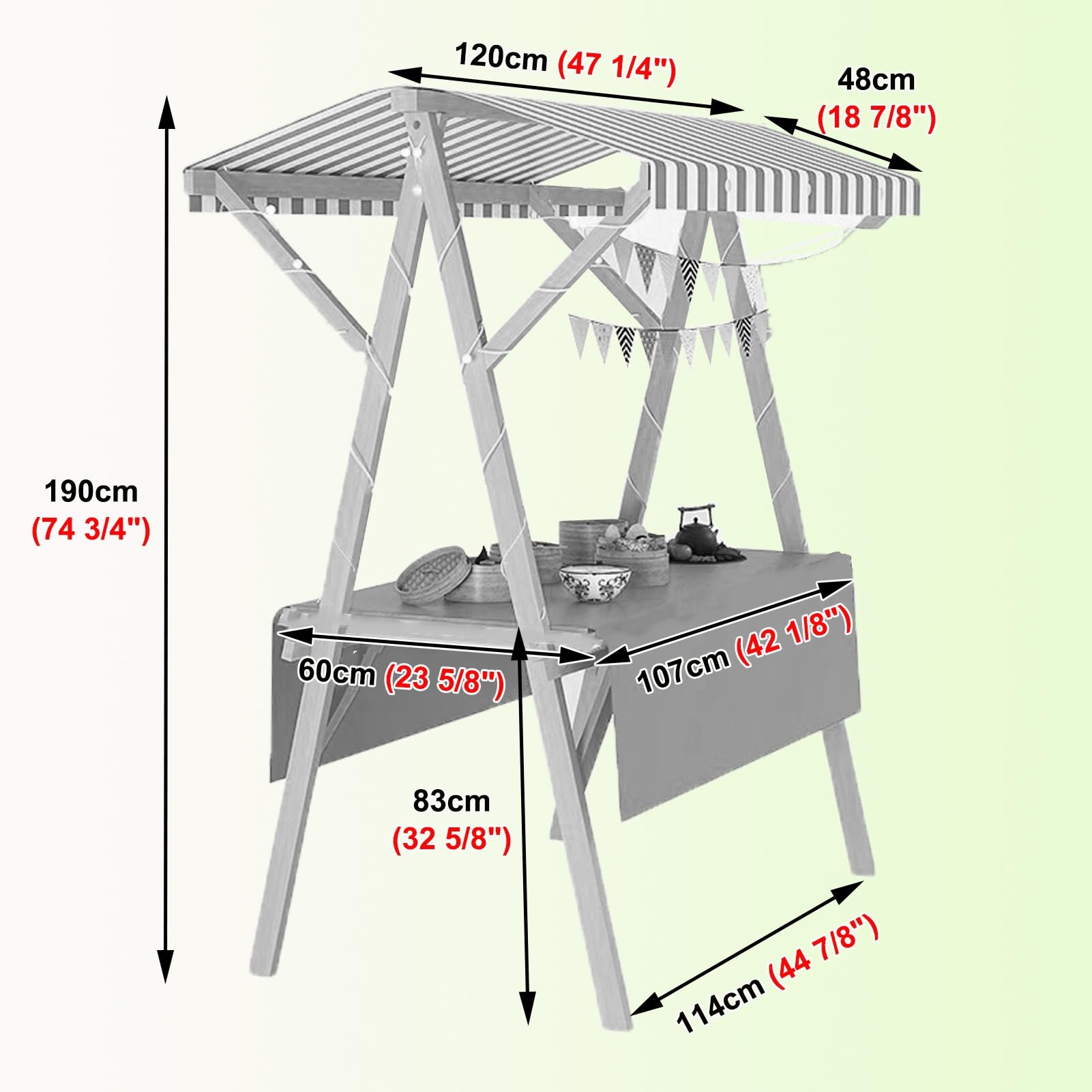 Marktstand Verkaufsstand Faltbarer Imbisswagen für Unternehmen, Leichte Bauernmarktstände mit Markise, Holzkiosk Hotdogs, Eiscreme und Lebensmitteln(Red,Width/120cm(47 1/4"))