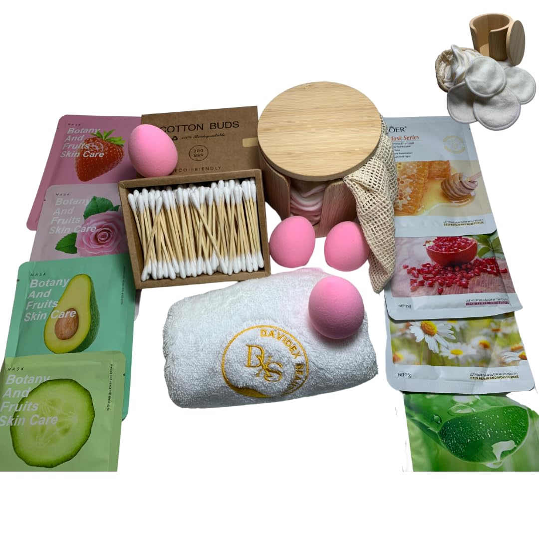 Davidex Pakiet Essential Czyszczenie twarzy Usuwanie Makijaż - gąbki do makijażu, waciki, maski na twarz, pędzle (White)
