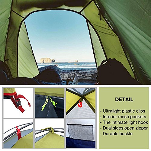 Weanas Professional Backpacking Tent 2 3 4 Person 3 Season Weatherproof Double Layer Large Space Aluminum Rod for Outdoor Family Camping Hunting Hiking Adventure Travel (Green, 1-2 Person) - Thumbnail 7