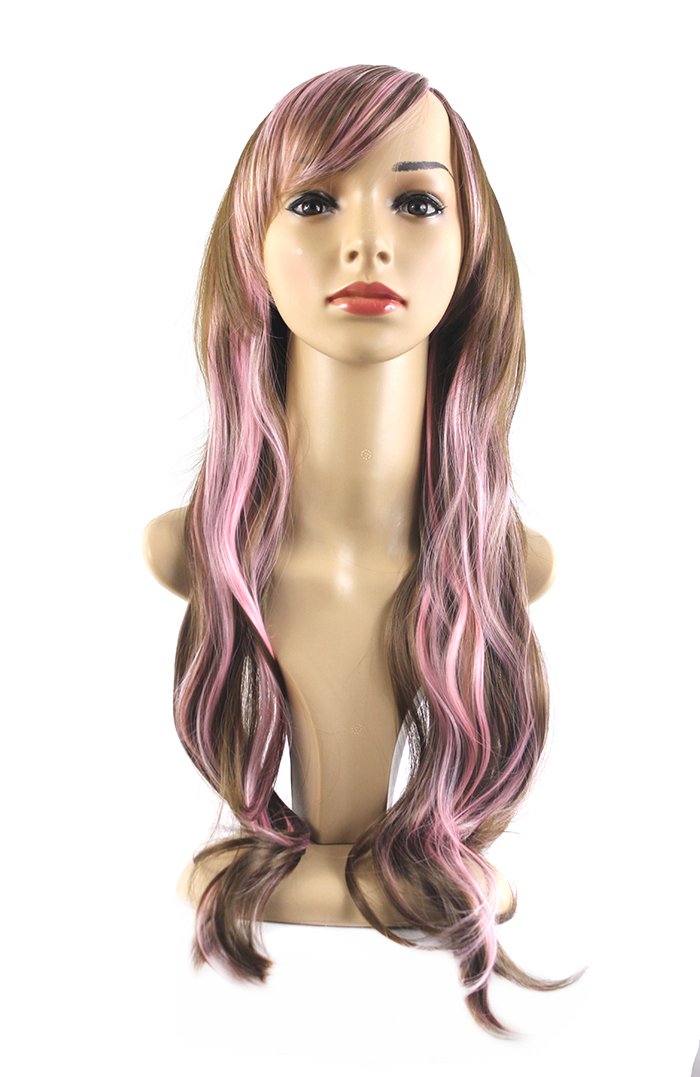 Xiaoyu 13"65cm Harajuku Style Mixed Light Brown Pink Long Female Curly Cosplay Wig