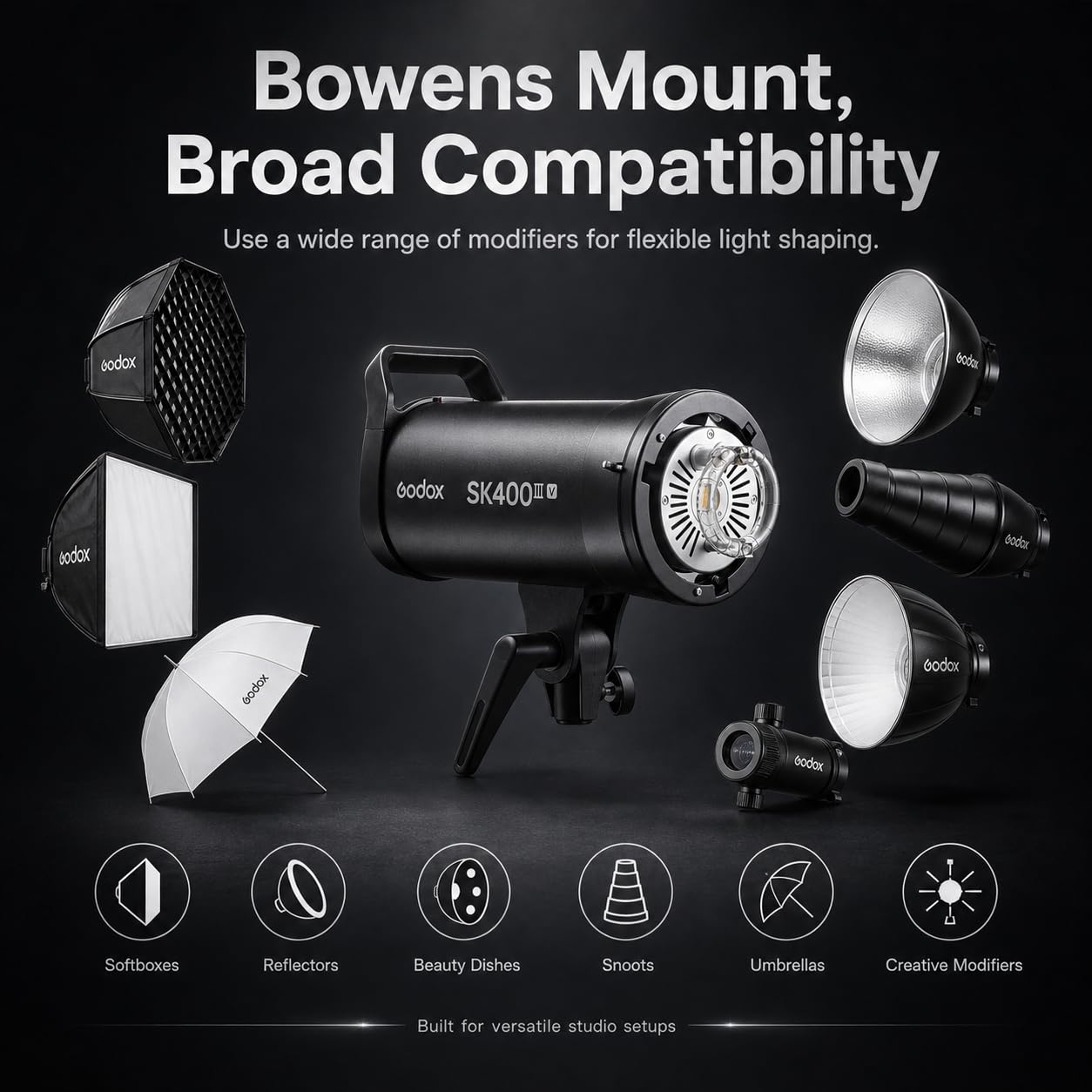 Godox SK400III-V Flash da Studio 400Ws con Riflettore Standard, GN65 5700K Strobo Professionale con Lampada Modellante LED 10W, Riciclo 0.1-1.5s, Sistema X Wireless 2.4G Integrato e Attacco Bowens