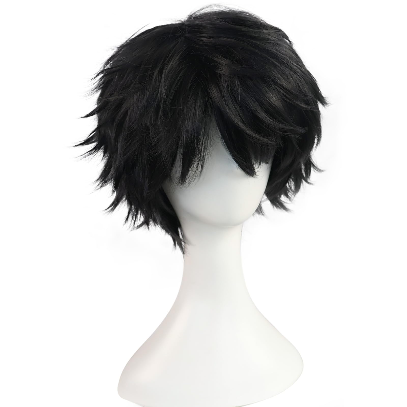 BEKIDER+1 Hair Cap Short Black Wig for Men Black Wavy Wig with Bangs for Halloween Christmas Event Costume Party - Image 3