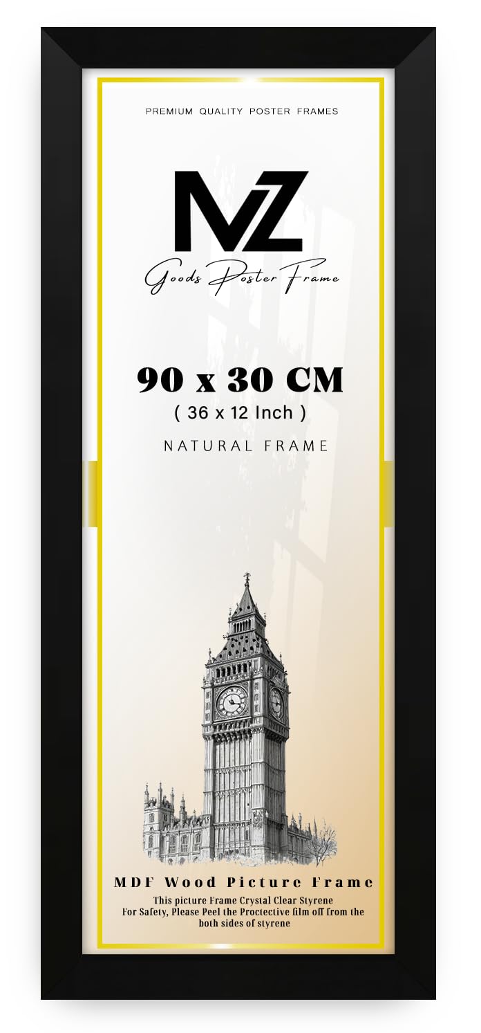 MZ GOODS | MDF Picture Frame (90 x 30 CM) 36x12 Inch Ideal for Posters, Pictures & Home Décor, MDF Finish, Portrait & Landscape Hanging Hooks [ Matt Black ]