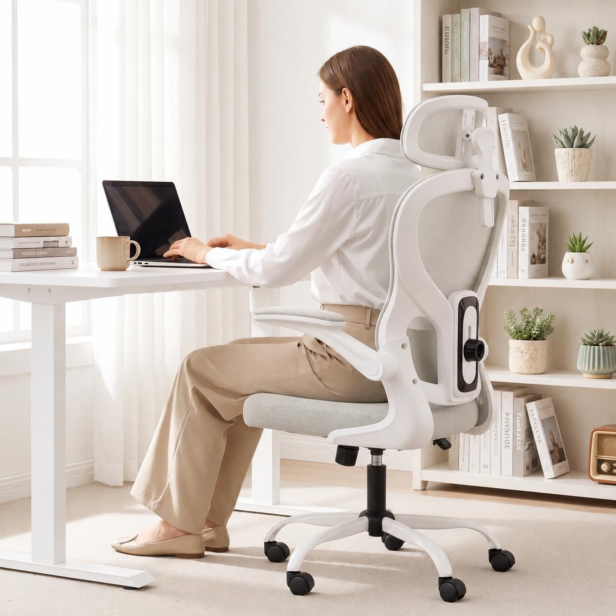 Ergonomic Office Chair with Adjustable Headrest & Lumbar Support, High Back Mesh Desk Chair, 400 LBS Capacity Swivel Computer Chair with Flip-Up Arms, Home Office Gaming Chair (Grey)