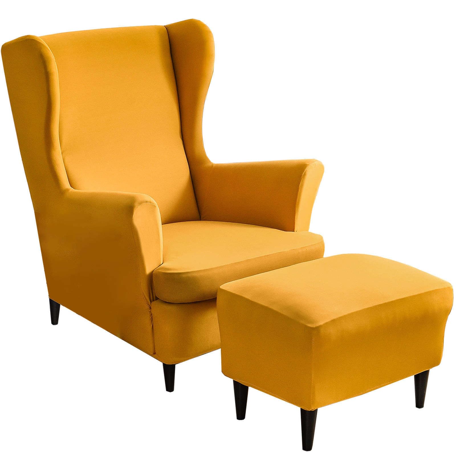 CLGTY Spandex Wing Chair Cover Set, 2 Piece Wingback Chair Slipcover and 1 Piece Rectangle Storage Stool Cover Stretch Wing Back Chair Covers Washable for Living Room-Yellow-3 Piece
