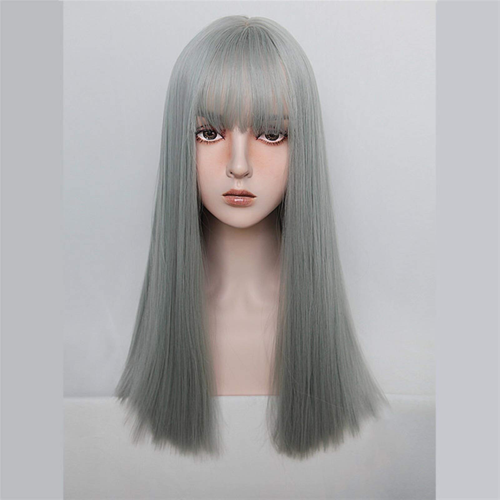 Parrucca da donna Cosplay Verde Viola Grigio Lunga Dritto Sintetico Capelli Banda Bangs Rete di Rosa resistente al calore(1)