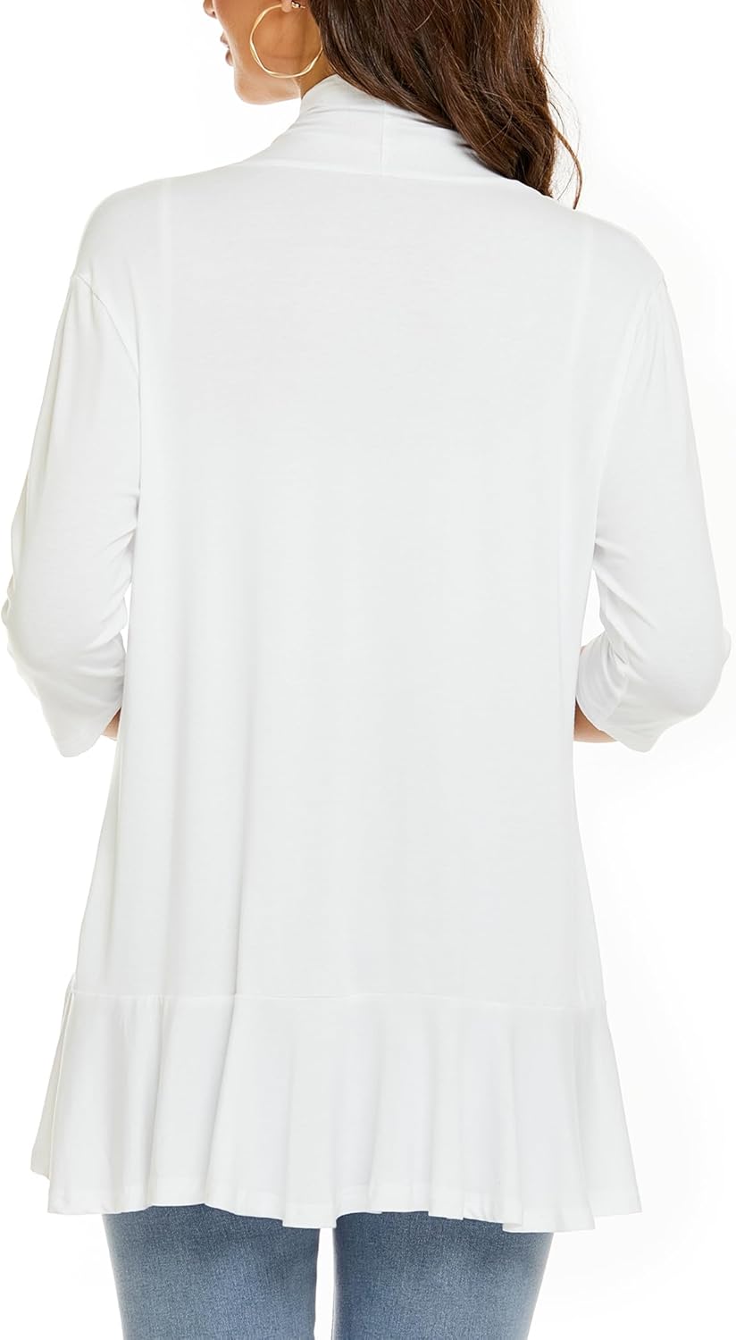 YnimioAOX Women's Cardigan Lightweight Open Front 3/4 Sleeves Draped Ruffles Knit Cardigan Sweaters - Image 5