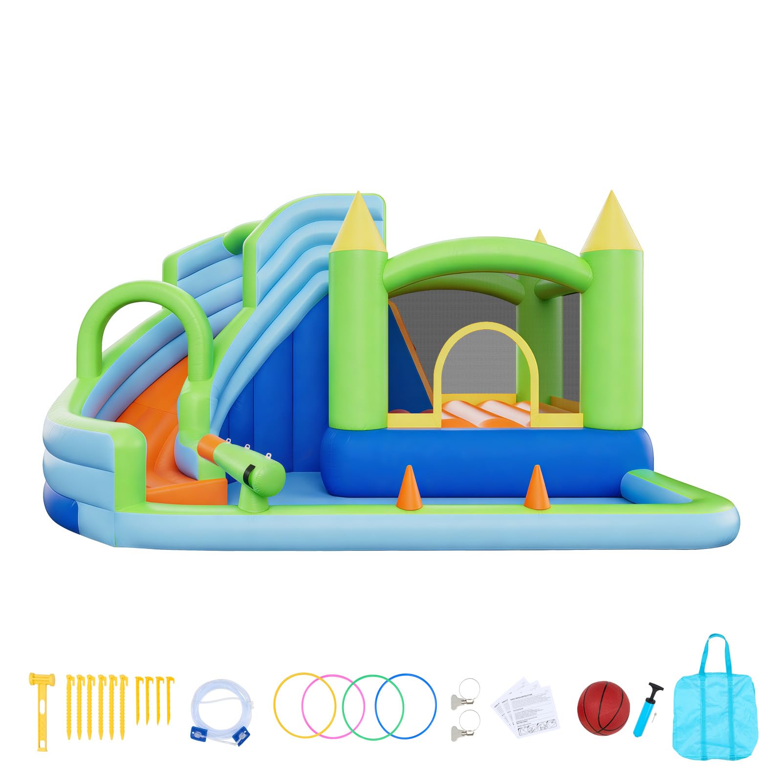 VEVOR Castillo Hinchable 344 x 374 x 213 cm, Parque Infantil Inflable con Tobogán Acuático, Aro de Baloncesto, Piscina de Chapoteo y Lanzamiento de Aros de Agua para 3 a 4 Niños de 3 a 8 Años