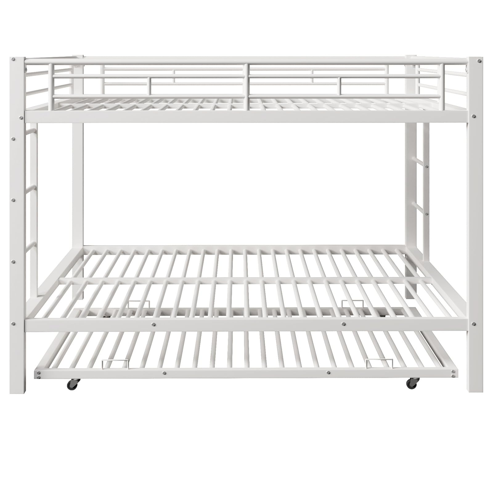PUGSDRLY Lit Superposé 3 Places avec Lit Gigogne, Structure en Métal Robuste, lit Mezzanine 2 Places avec Haute Barrière de Sécurité, pour Étudiant, Adulte (Blanc+Métal, 140 * 200cm)