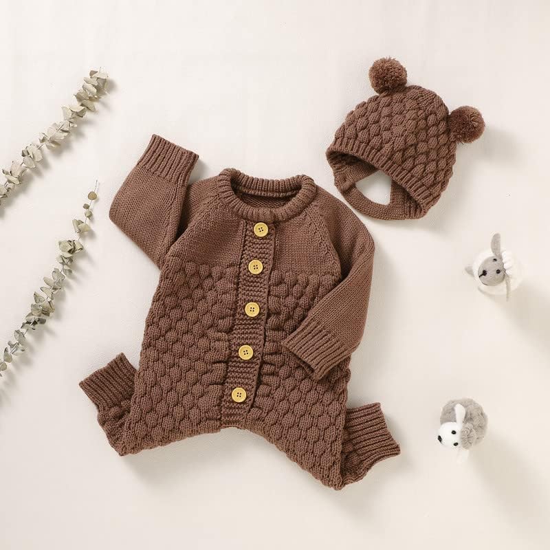 LAWKUL Baby Outfit Cotton Knit Newborn Infant Romper Knitted Longsleeve Sweater Clothes With Warm Hat Set Toddler Boy Girl3