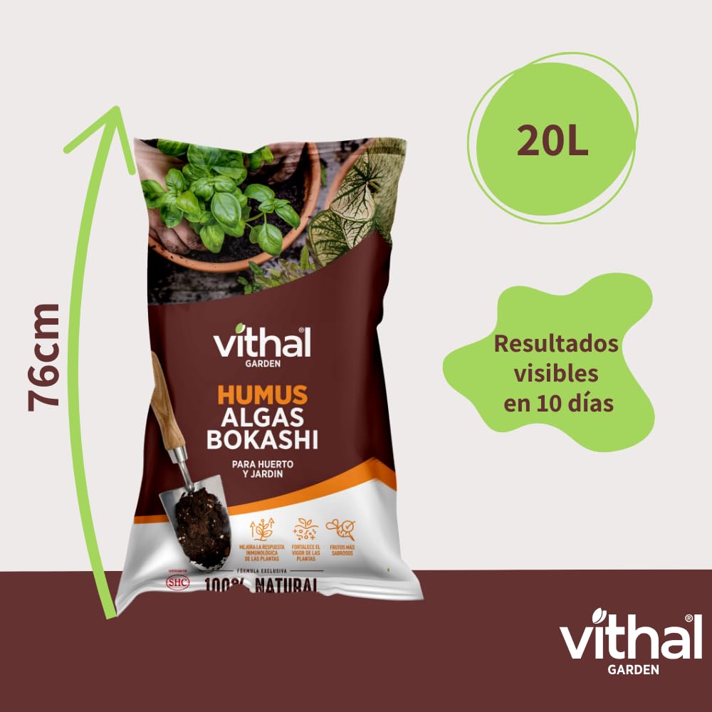 VITHAL Humus De Algas Bokashi 20 L - Compost 100% Vegetal Para Mejorar El Crecimiento Vegetativo, Prolonga La Floración Y Formación De Frutos, Apto Para Agricultura Ecológica