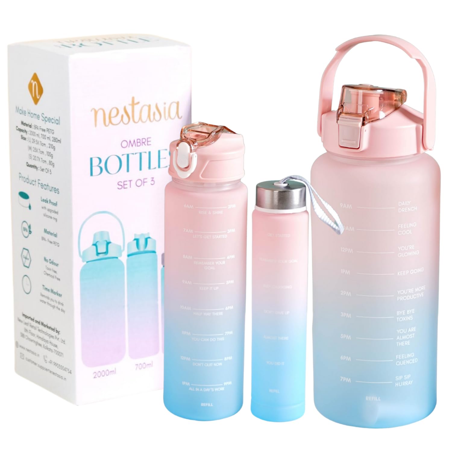 Nestasia Set of 3 Motivational Water Bottle, Sipper Bottle for Adults with 2 litre, 700ml, 280ml Capacity, Airtight & Spill-Proof, Blue & Orange, 100% Recyclable Plastic (PETG) (B0CLGT9W8W) Amazon Price History, Amazon Price Tracker