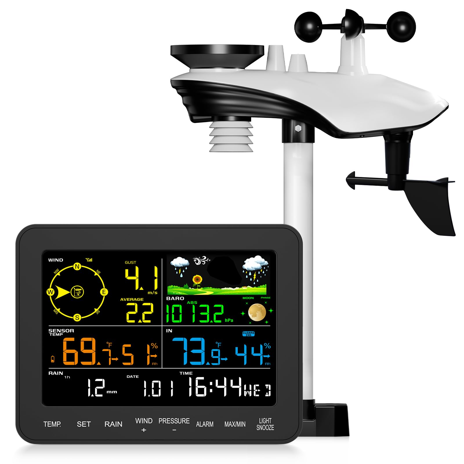 12-in-1 Wetterstation Funk mit Außensensor, Regen- & Windmesser Sainlogic