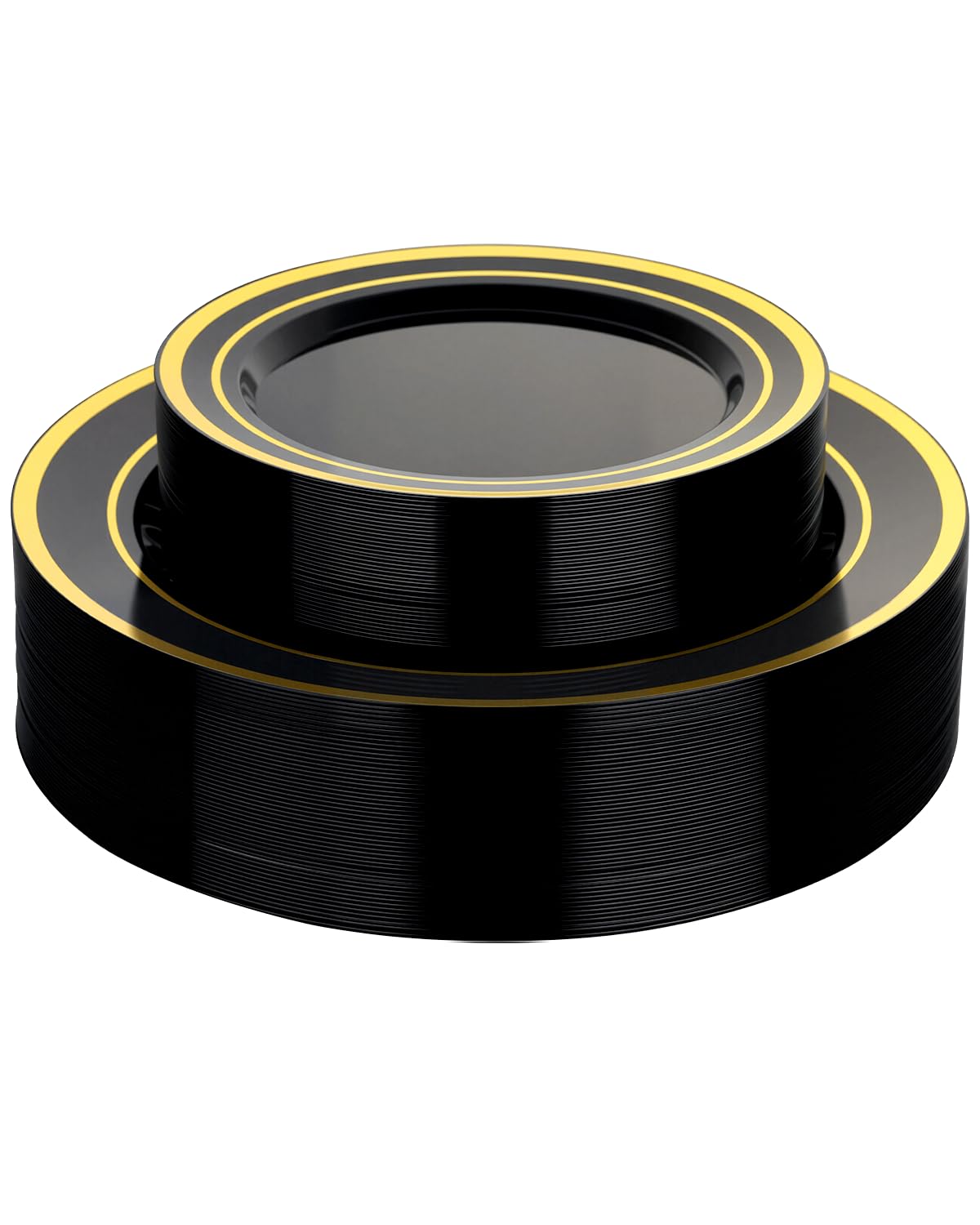 Goodluck 120PCS Black Plastic Plates with Gold Rim