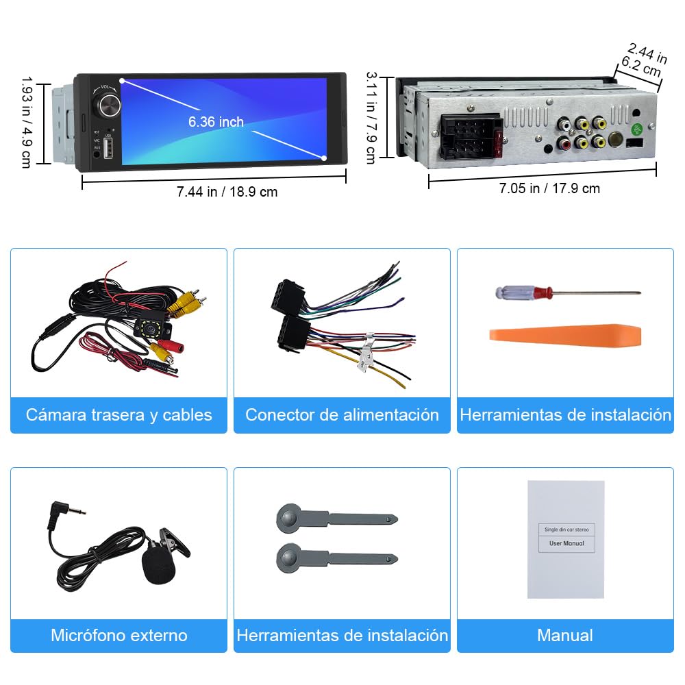 1 DIN Radio Coche Universal con Pantalla Táctil 6.36 Pulgadas, con CarPlay/AndroidAuto, Admite Carga Type-C/USB/Micrófono/FM/EQ/WiFi/GPS/Bluetooth/USB/SWC y Cámara Trasera