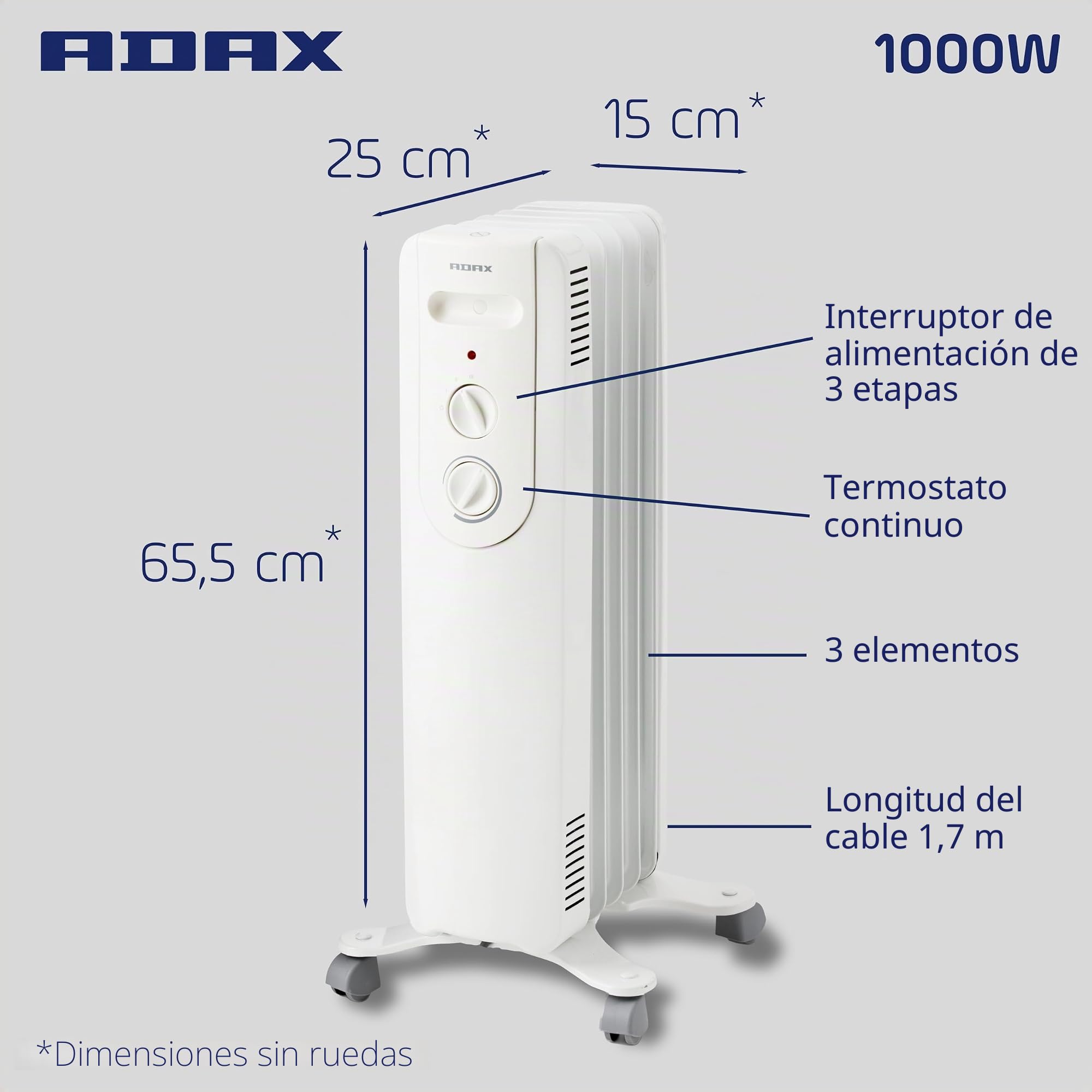 Adax NOVA 10 – Radiador de Aceite 1000W de Bajo Consumo con Termostato | Calefactor Eléctrico Silencioso con Protección Vuelco, Ruedas y 2 Años de Garantía | Radiador Eléctrico de Alta Eficiencia