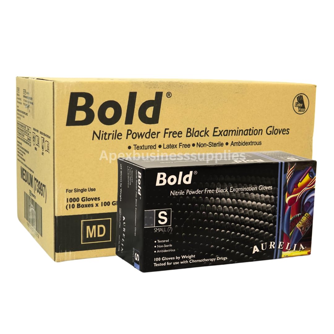 (10x100) Black Bold Nitrile Gloves Small Bulk Gloves Protection for Medical, Industrial - Latex-Free, Powder-Free - Ideal for Cleaning, Tattooing, Automotive More 1000 Small (10 Box)