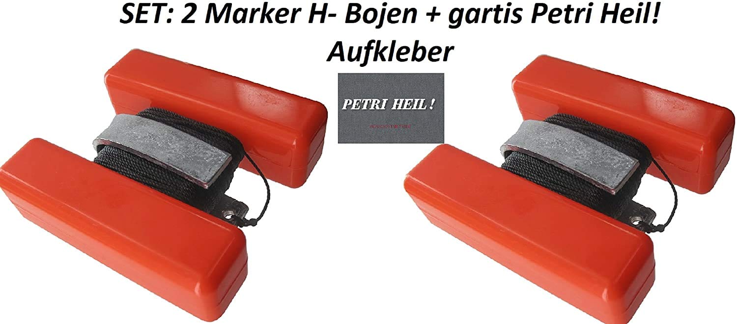 Set: 2 boe di marcatura H, marcatore galleggiante con cordicella da 25 m e peso a U più adesivo con la scritta in lingua tedesca “Petri Heil”