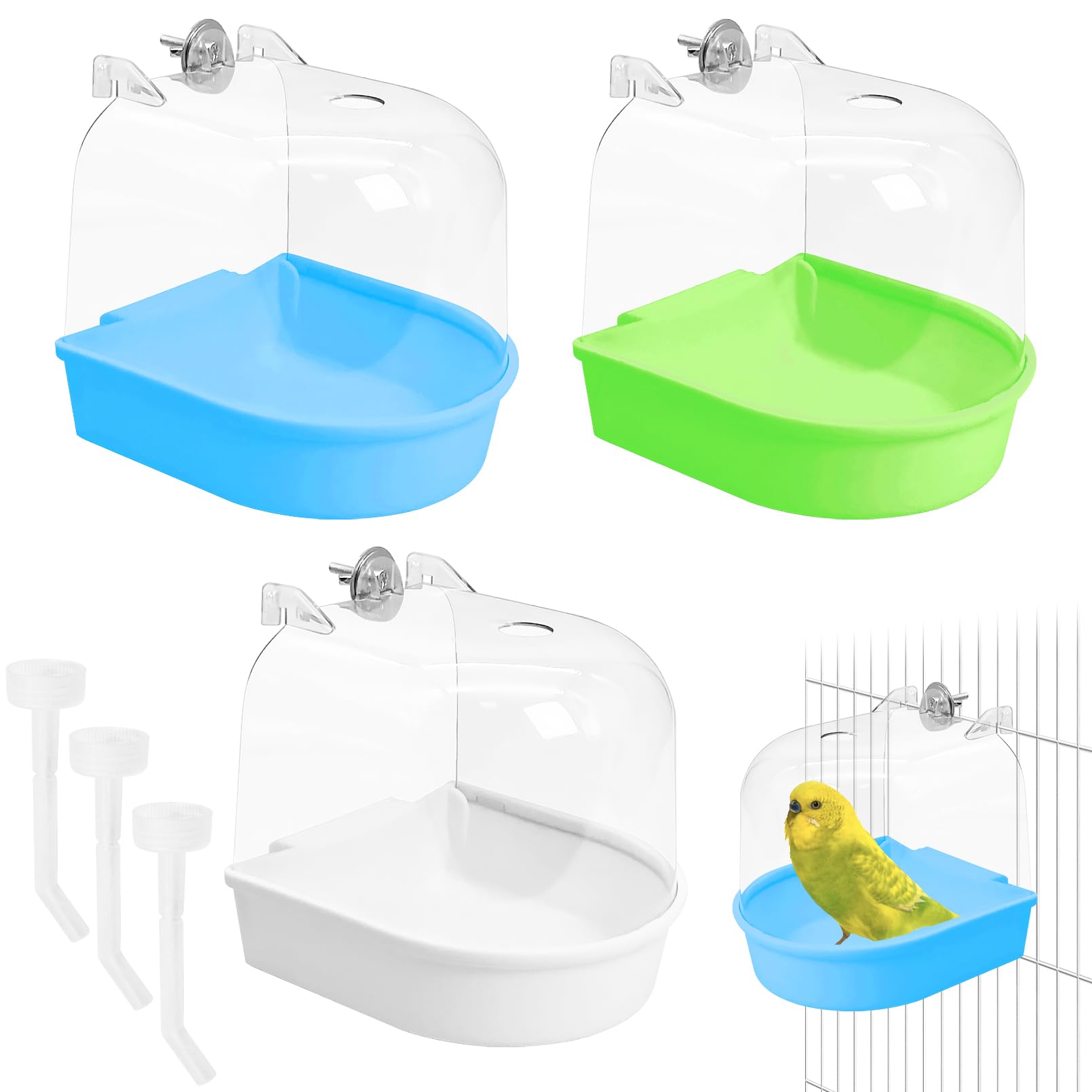 Tfwadmx 3Pcs Bird Bath for Cage Hanging Parakeet Bath Box Clear Bird Bathtub Water Shower Food Feeder Bathing Tub for Cockatiel Conure Canary Budgies