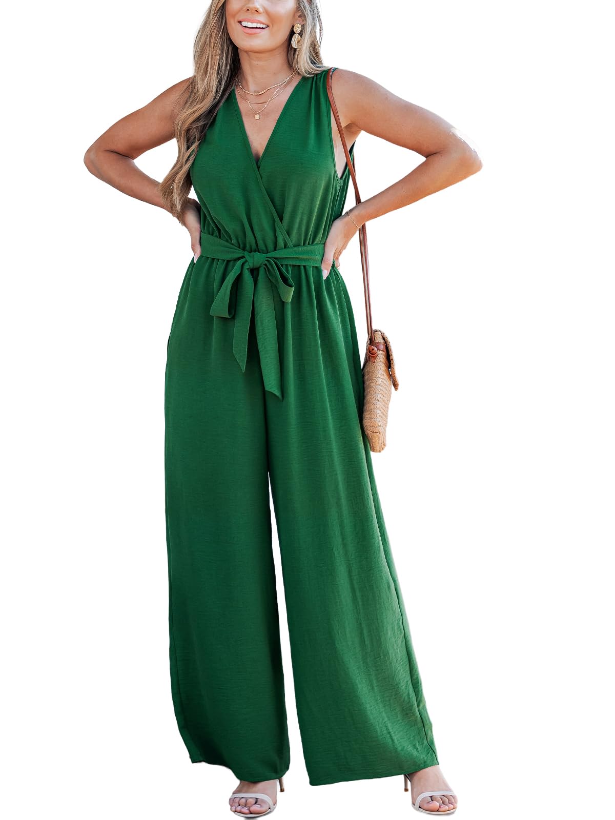 CUPSHE Damen Jumpsuit Sommer Wickel V-Ausschnitt Ärmellos Overall Gürtel Weites Bein Strand Playsuit mit Taschen