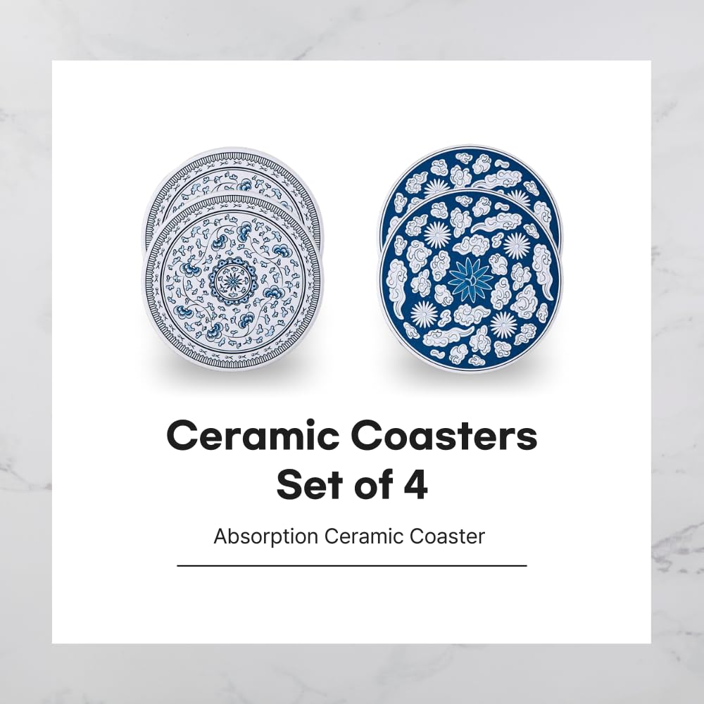 MU:DS Lot de 4 sous-verres coréens en céramique – Absorbants, antidérapants, motif vigne bleue et nuage inspiré de la poterie traditionnelle coréenne (bleu et blanc)