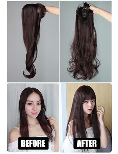 Miniatura 6 de Postizo con clip de 19.7in de largo, sin costuras, con extensión de flecos laterales, para mujer, con cabello adelgazado, ondulado, negro, marrón