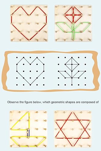 Miniatura 3 de YHZAN Geoboard de madera, tablero de clavijas gráficas, juguete sensorial Montessori para niños pequeños, bandas de goma coloridas, tarjetas de