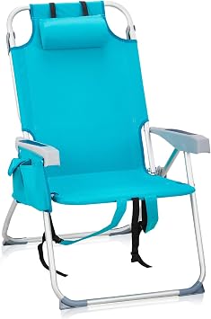 5-Position Folding Low Backpack Beach Chair with Headrest & Cup Holder - Portable Aluminum Reclining Camping Chair with Storage Bags, Adjustable Recline - Lightweight & Compact HighGreen