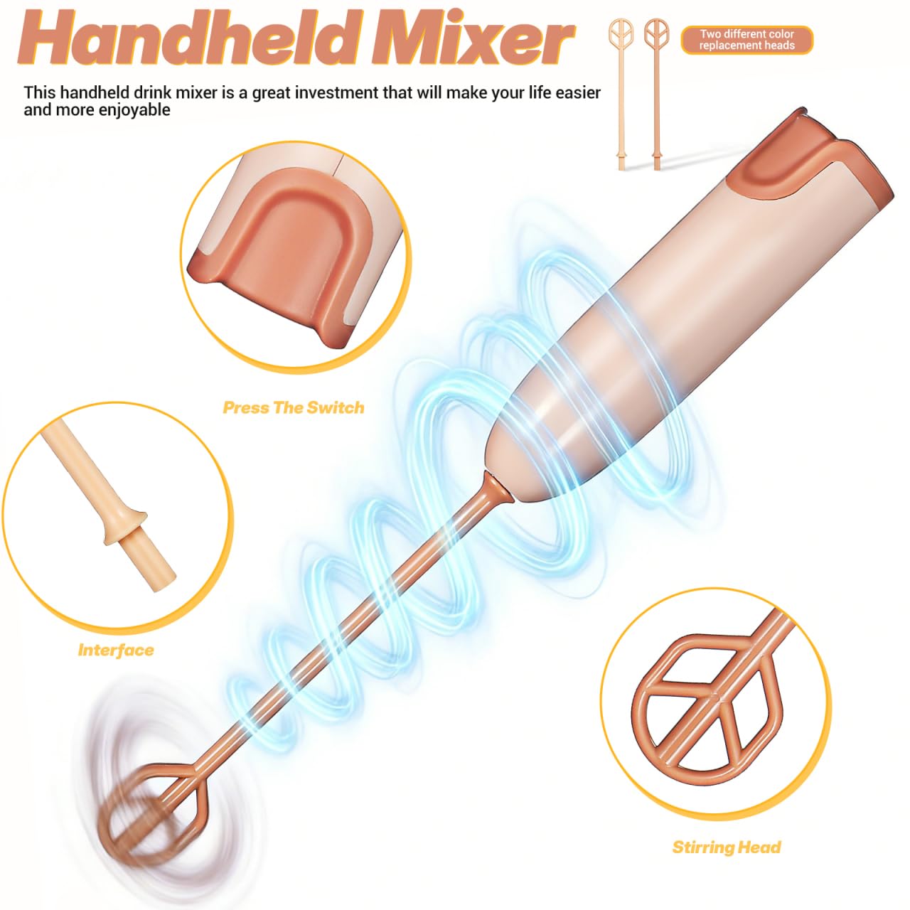 Toyvian Mini Mixeur Électrique Portable à Main pour Lait Infantile avec Manche Allongé Mélangeur Rapide et Facile pour Poudre de Lait et Boissons Détachable et Simple à