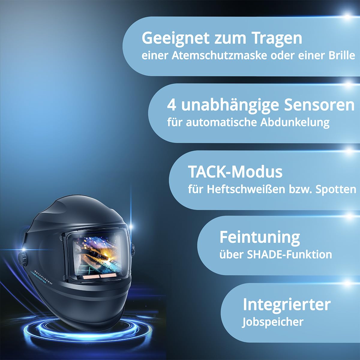 STAHLWERK Automatik-Schweißhelm 3-in-1 Booster – Schweißerhelm mit True-Colour, autom. Abdunkelung DIN 4-13, Jobspeicher, optische Klasse 1/1/1/2, Sichtfeld 116 x 81 mm, Schweißschild, Schweißmaske