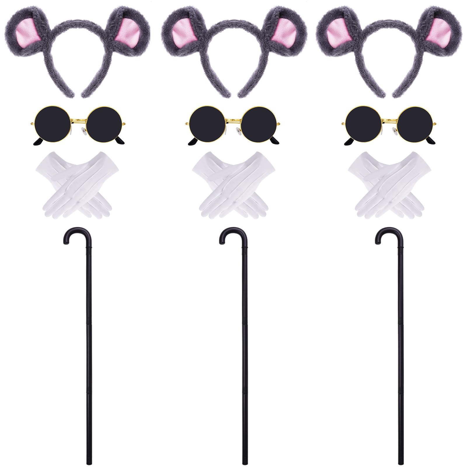 12 Pcs Mouse Costume Accessories Set Mouse Ears Headband Sunglasses Blind Cane White Gloves for Halloween Adult Women Costume, Gray, One Size