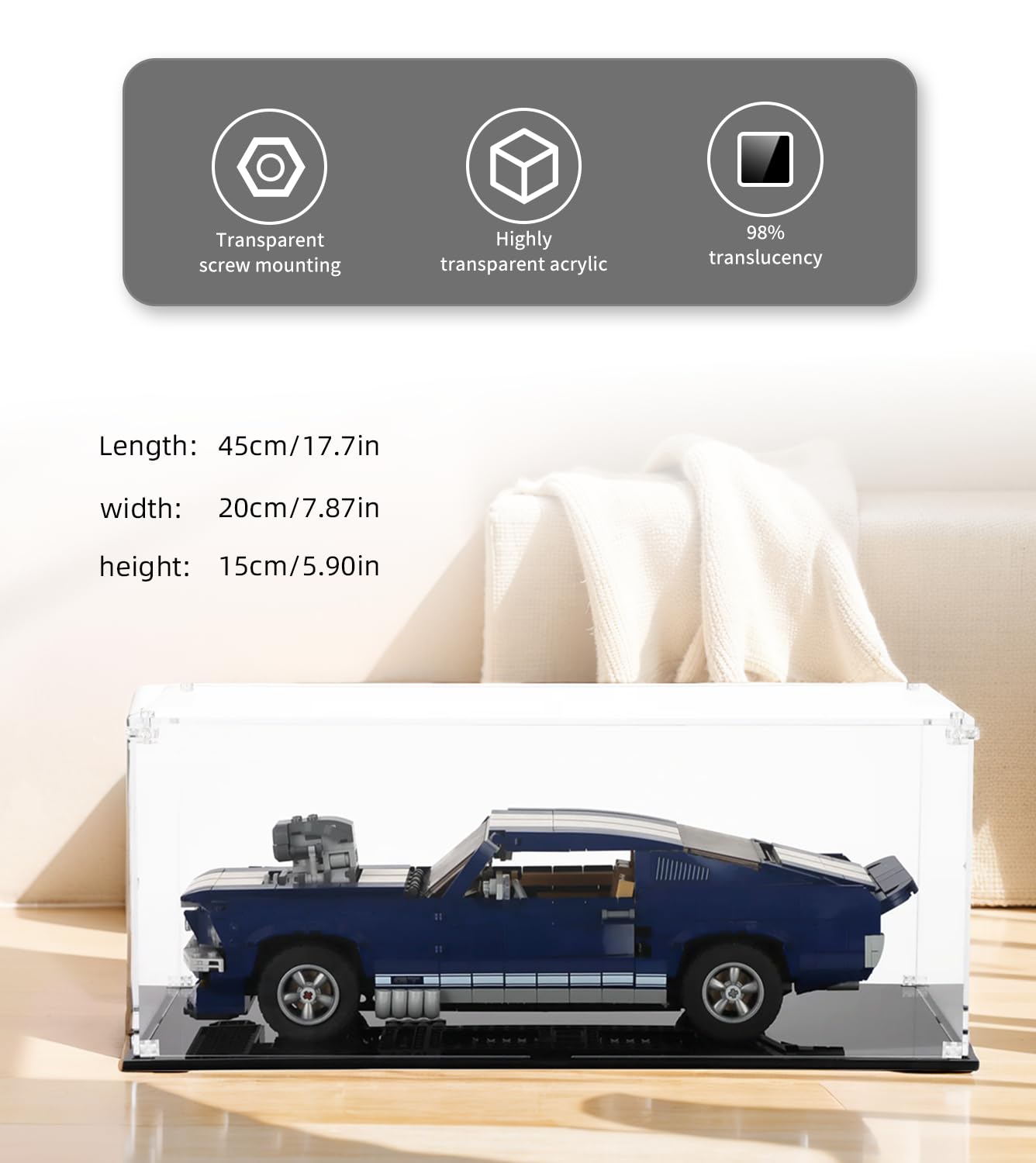 Acryl Vitrine für Lego 10265 Ford Mustang,Staubdichte Lagerung Vitrine für Lego 10265 Spielzeugauto, Lego-Liebhaber (Nur Vitrine), Size:45x20x15 cm