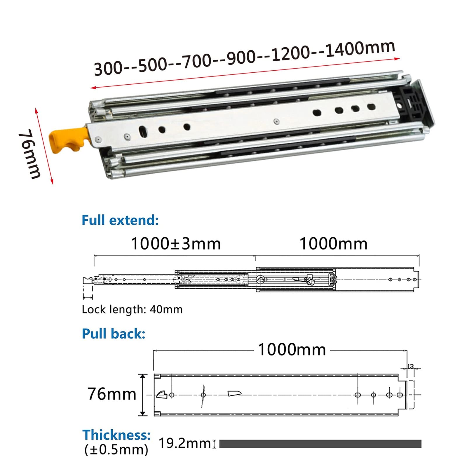 Guías para cajones de extensión, capacidad resistente, guías para cajones con rodamientos de bolas, 1 par de rieles telescópicos de metal, con cerradura, extensión completa de 3 pliegues, resistente,
