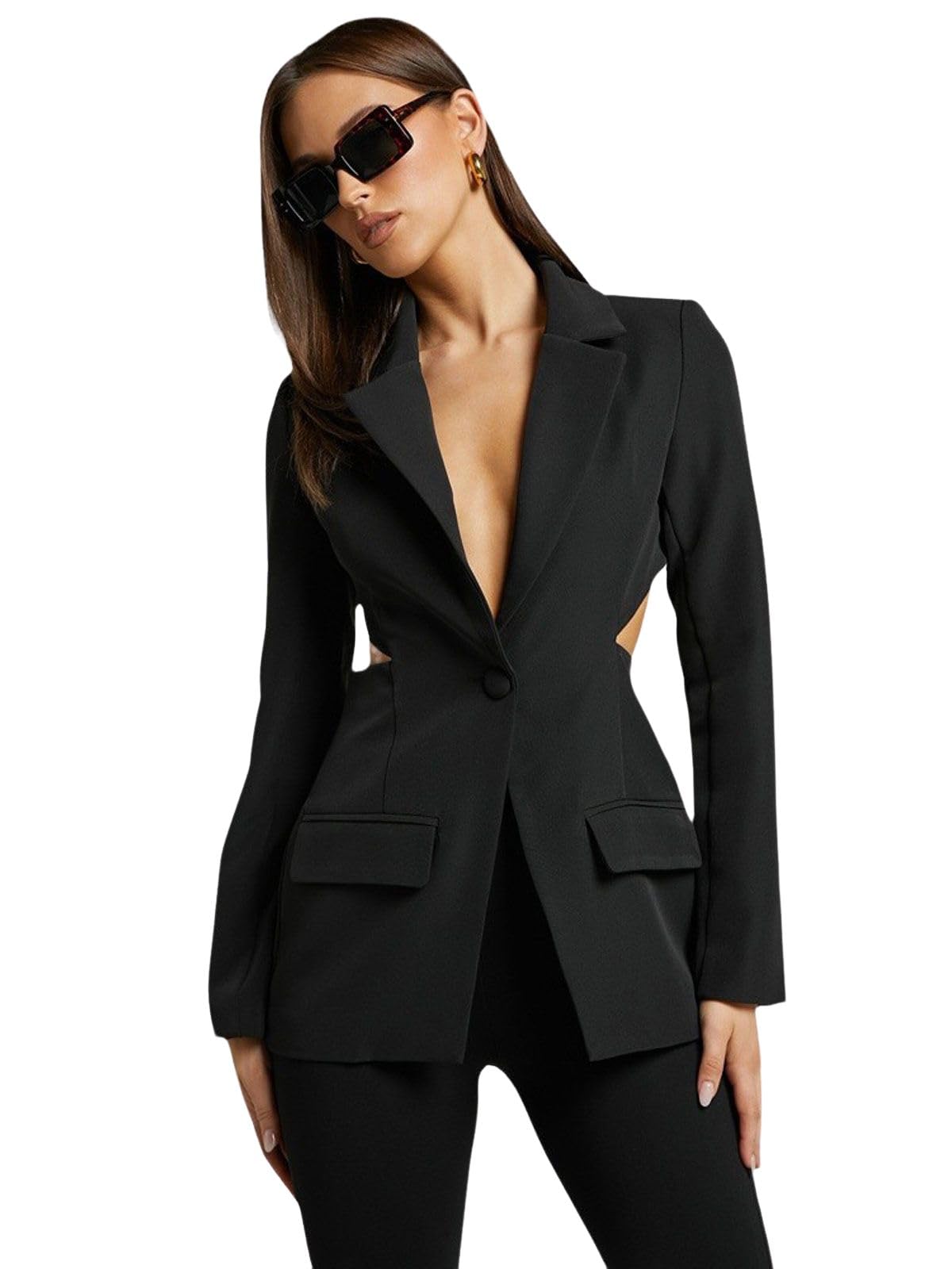 utcoco Womens Y2K Two Piece Set Hollow Out Waist Blazer Jacket Lace Pants Set Clubwear Order Separately