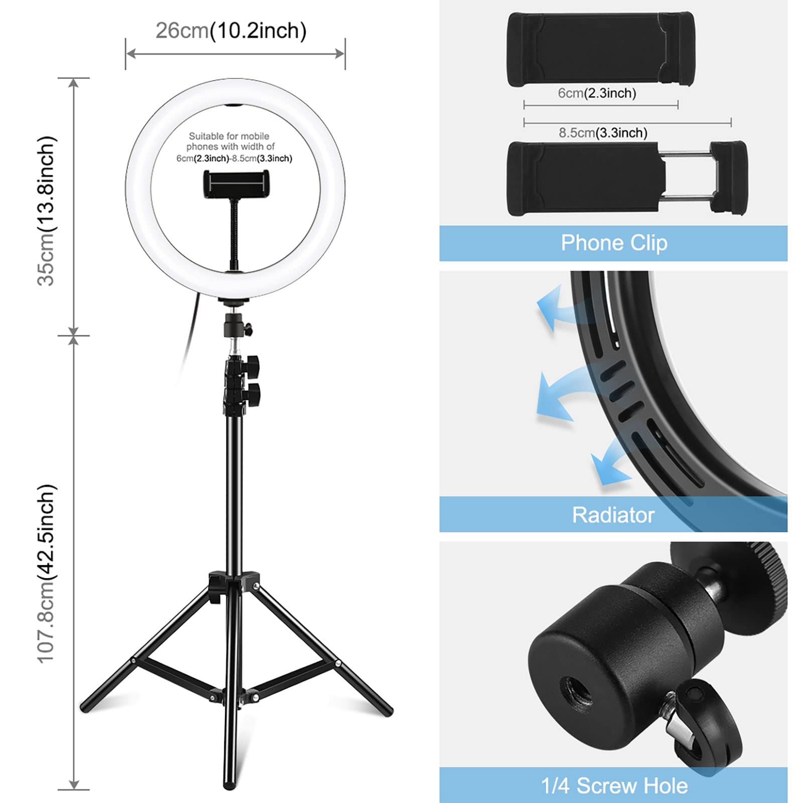 ELLENNE Anello Luminoso LED Selfie Ring Light 26cm Smartphone Treppiede