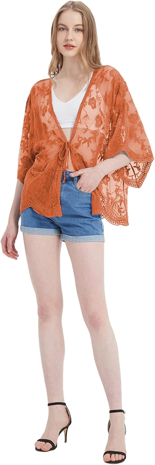 Anna-Kaci Womens Long Embroidered Lace Kimono Cardigan with Half Sleeves - Image 5
