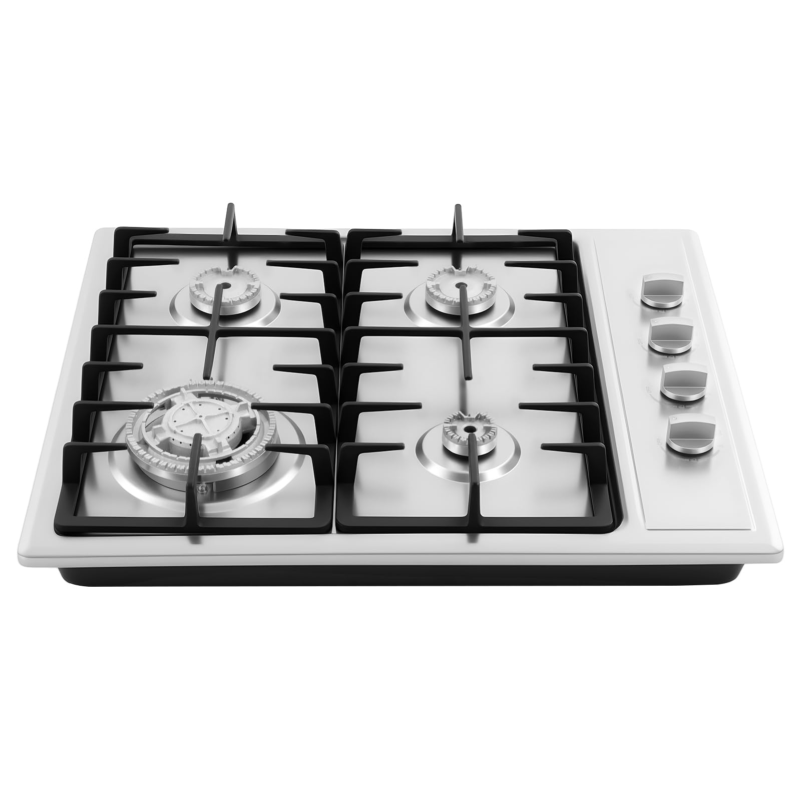 Cocina de gas de 4 fuegos de acero inoxidable 3,0 kW + 1,75 kW + 1,0 kW, placa de cocción integrada con soportes de hierro fundido, gas natural 59 x 51 cm, cocina de gas empotrable, cuatro quemadores