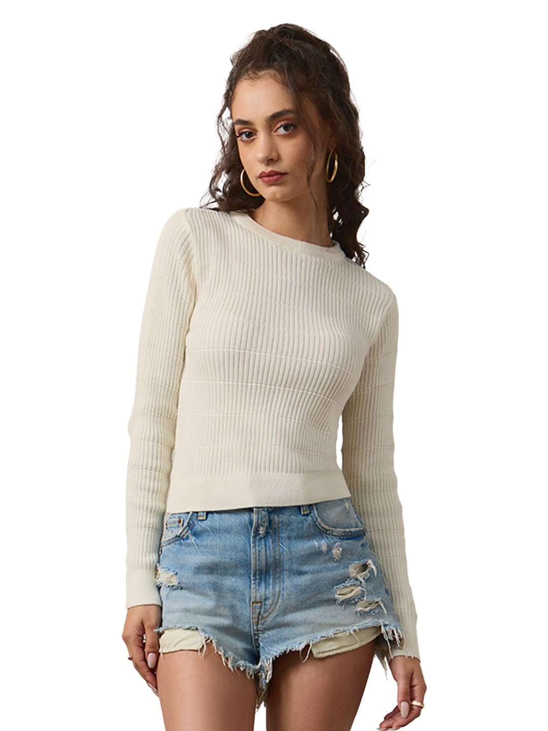 The Souled Store Textured Top: Vanilla Women and Girls Long Sleeve Round Neck Off White Ribbed Cotton Regular Fit Breathable Grid Textured Knit Summer Everyday Casual Tops in white