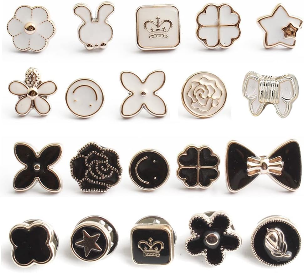 20 Set Black Women Shirt Brooch Buttons White No Sew Button Pins Safety Mini Brooch Pins Cover up Button(Black and White Buttons)