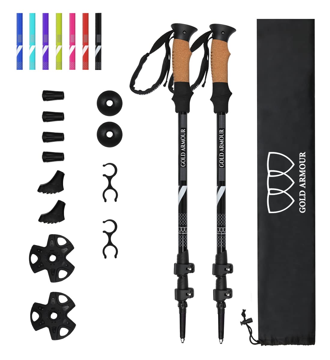 Gold Armour Trekking Poles – Collapsible, Lightweight, Aluminum 7075 Hiking Pole, Walking Sticks with Cork Grips, 4 Season/All Terrain Accessories Tips, Great for Women, Mens, Kids, Snow