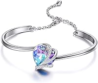 AOBOCO Sterling Silver I Love You Heart Bangle Bracelet with Blue Purple Austrian Crystals - Women's Anniversary Birthday Gift