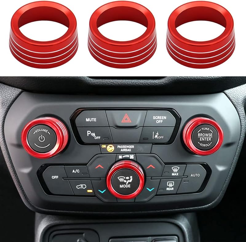 Capas de alumínio para botões do ar-condicionado e rádio Jeep Renegade 2018 a 2021 Thor-Ind vermelhas – Conjunto com 3
